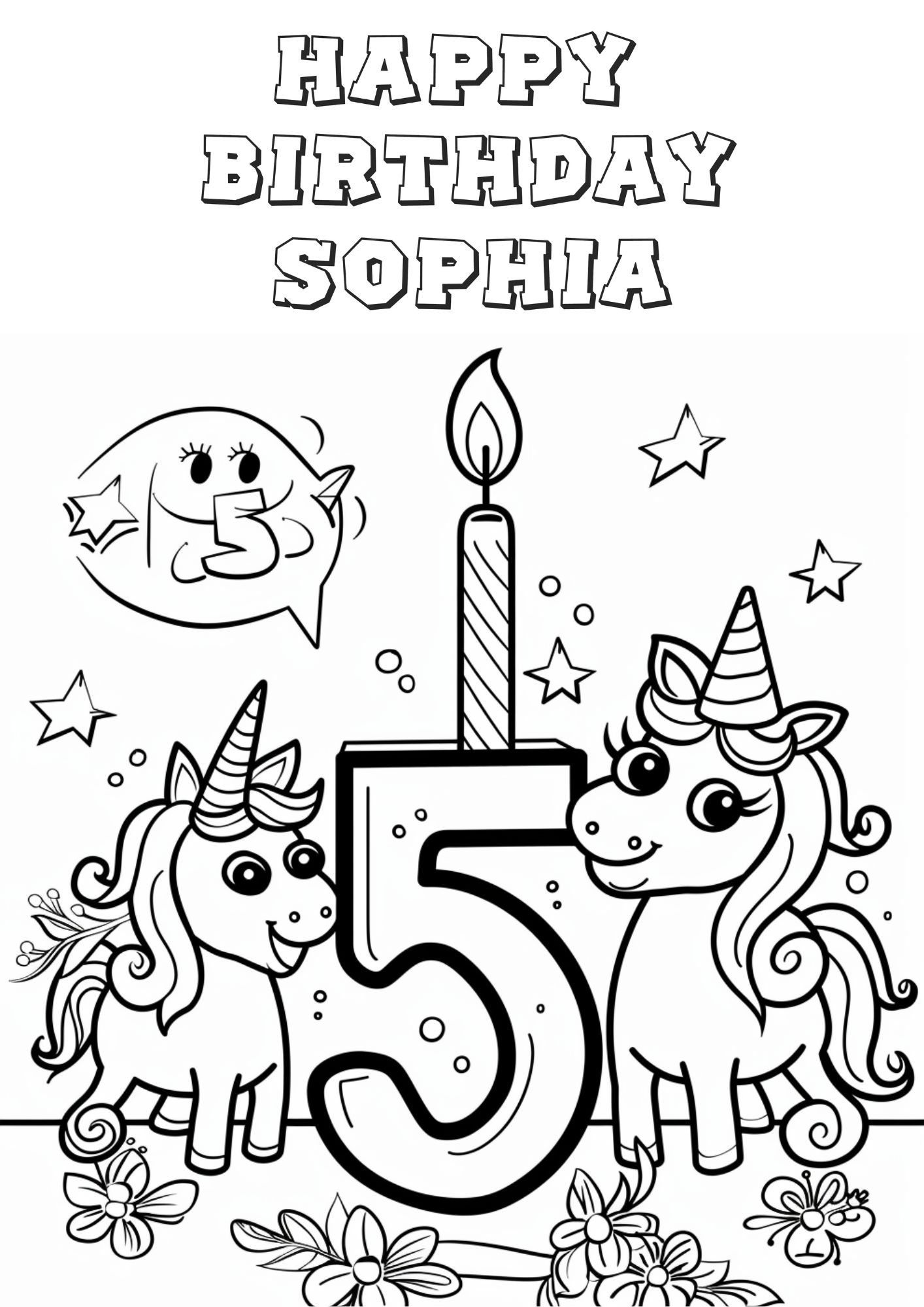 Happy birthday number 5 with birhday candle and 2 happy unicorns