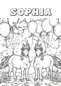 kids name with flying pig and 2 unicorns with birthday hats on