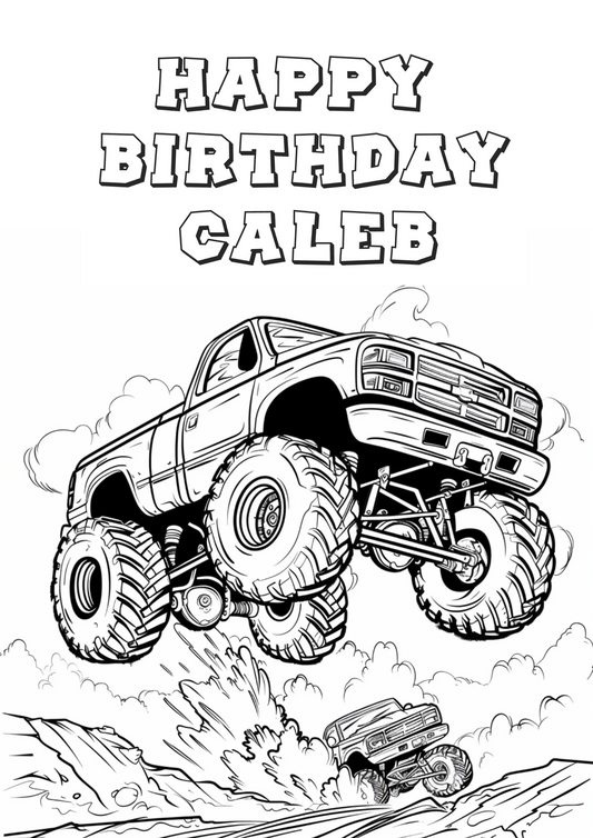 2 monster trucks coloring sheets with kids name